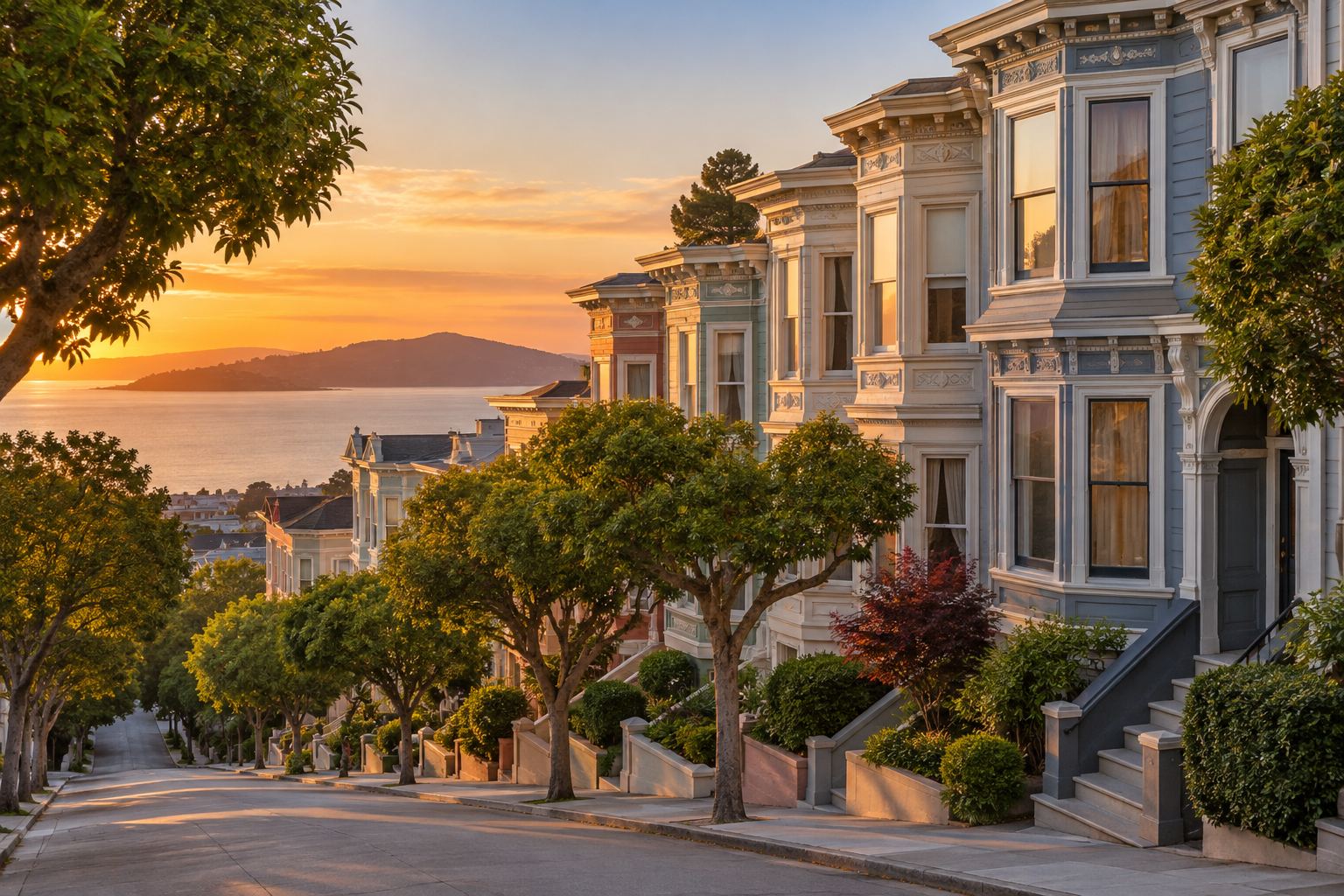 A San Francisco residential street at sunset, illustrative