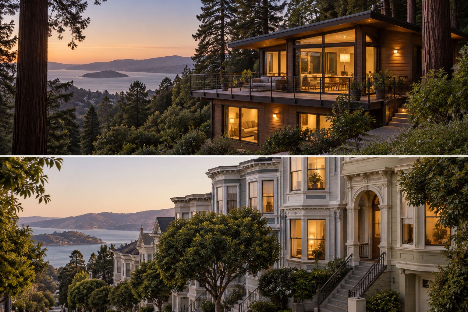 A Bay Area home at dusk, illustrative